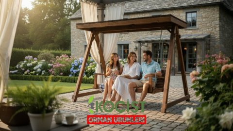 Ahşap Salıncak 3 Kişilik Oval Gölgelikli